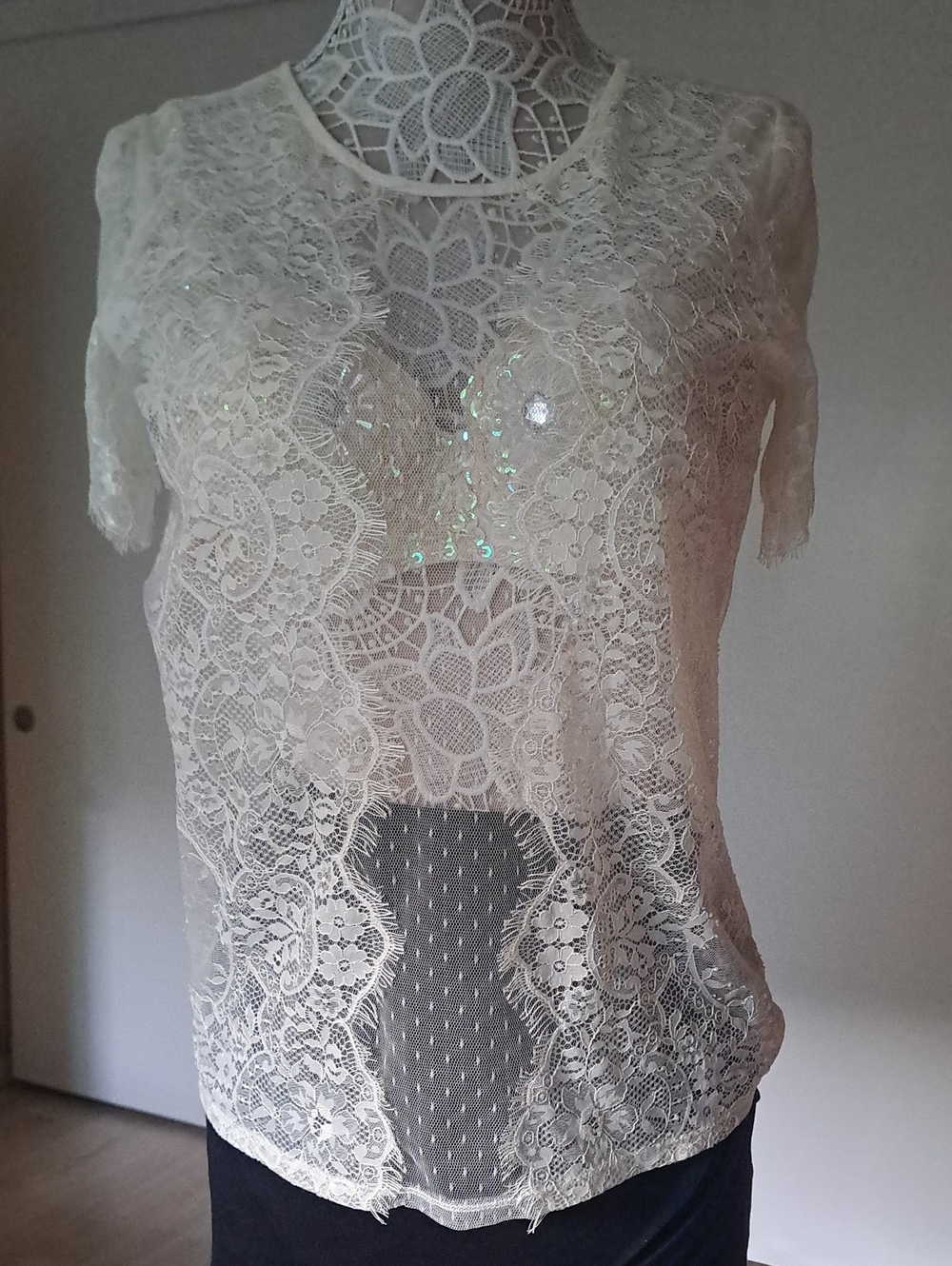 Express Sheer Lace Short-Sleeve Top Lace Trim Graceful Floral.